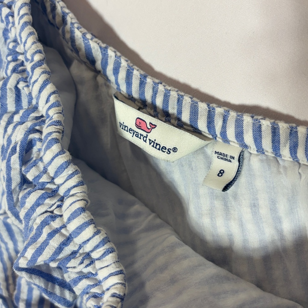 Vineyard Vines Blue Seersucker One Shoulder Ruffle Top Size 8 - Picture 2 of 9